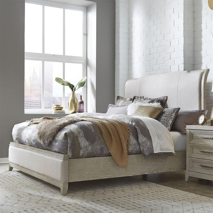 Liberty Furniture Belmar King Upholstered Sleigh Bed in Washed Taupe and Silver Champagne