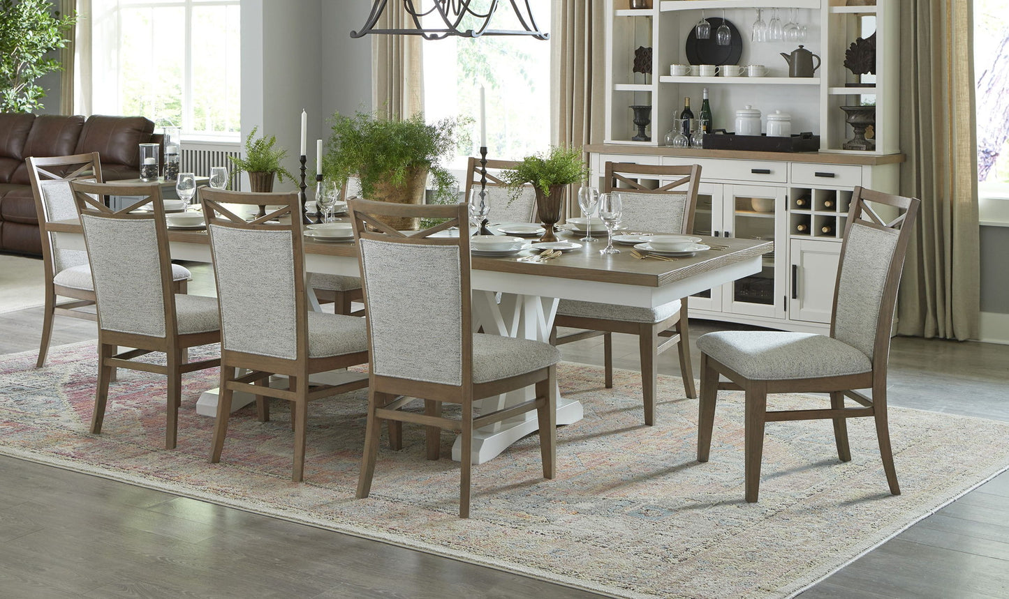 Americana Modern Dining - Extendable Trestle Table With 8 Upholstered Chairs - Cotton