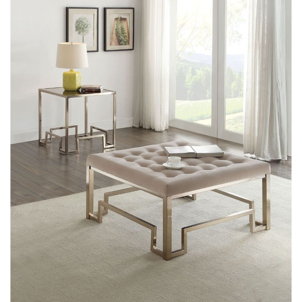 Damien - Cocktail Ottoman - Beige Fabric & Champagne