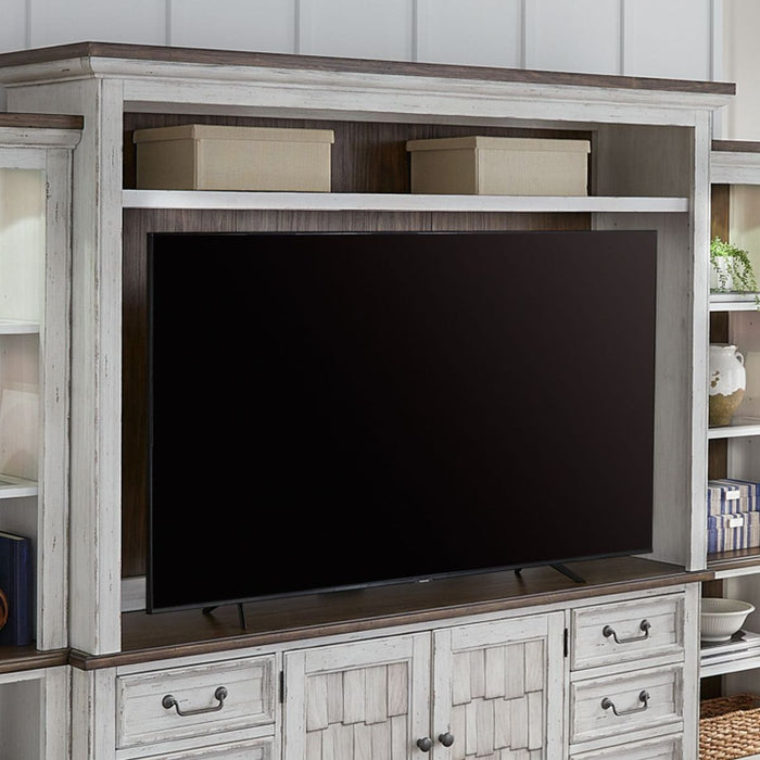 Liberty Furniture River Place Entertainment Console with Hutch in Riverstone White/ Tobacco