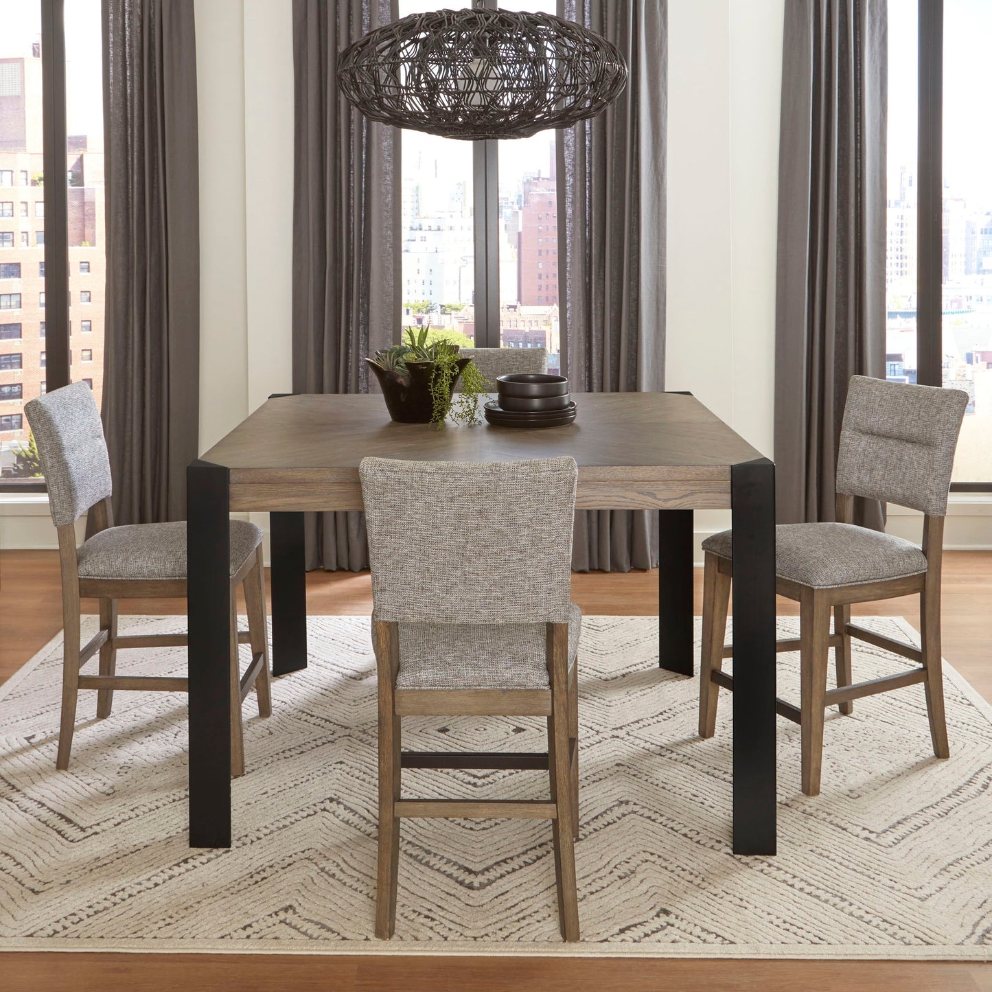 Cedar Fork - Square Counter Table With 4 Counter Stools - Smoked Arabica