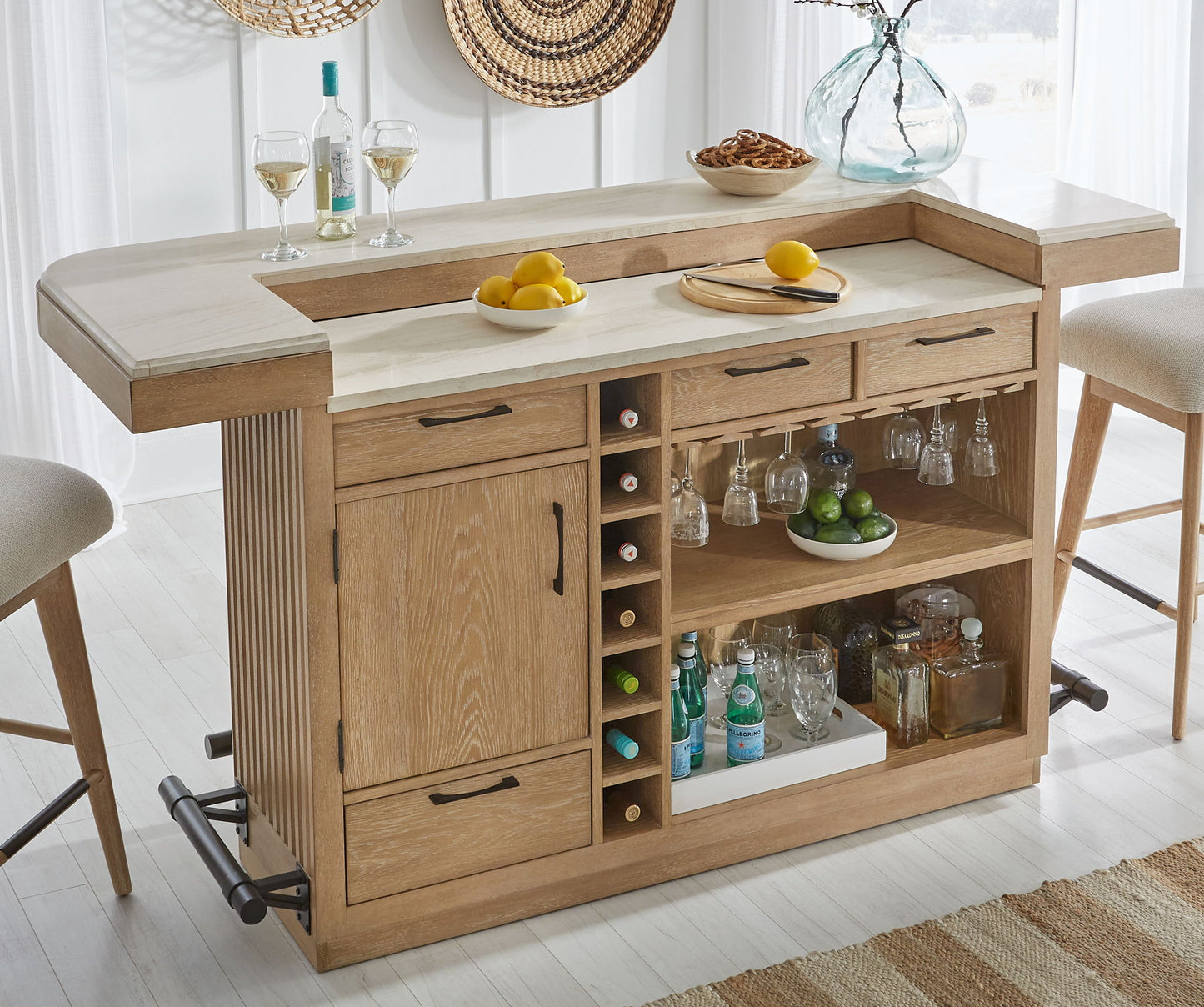 Escape - Dining Bar With 2 Upholstered Swivel Barstools - Glazed Natural Oak / Black Metal Trim