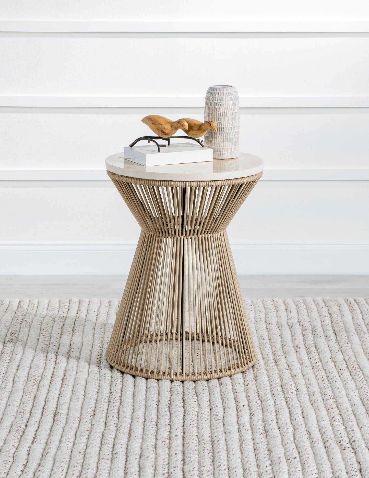Biscayne - Round Rope End Table With Travertine Top - Beige