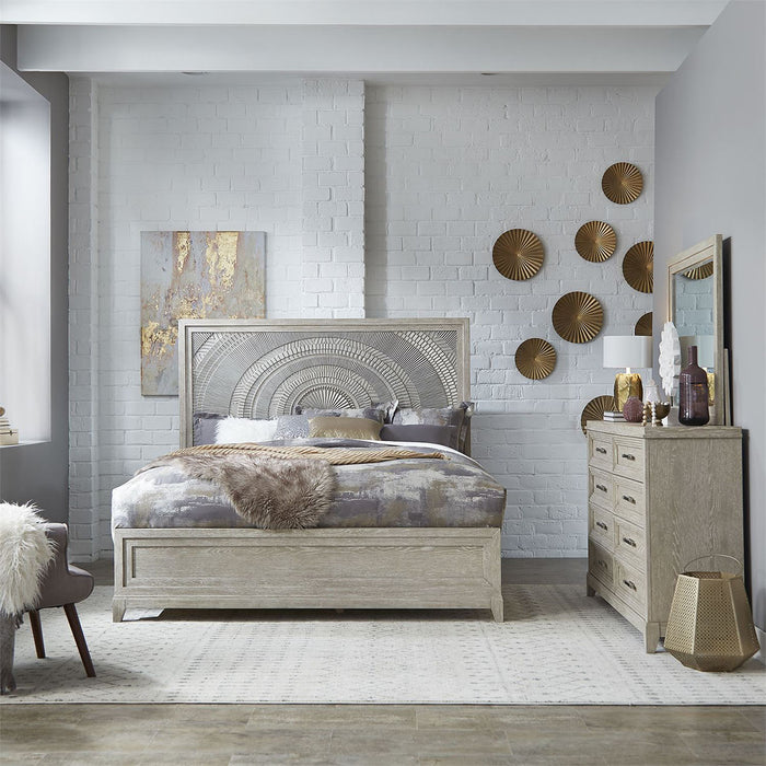 Liberty Furniture Belmar King Panel Bed in Washed Taupe and Silver Champagne