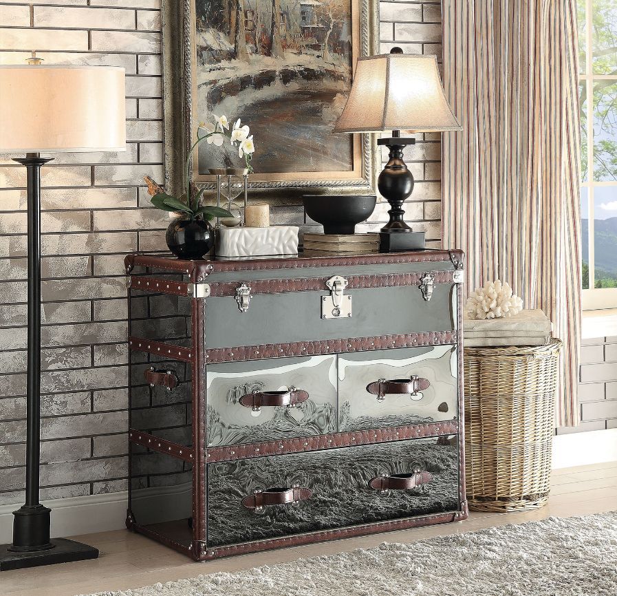 Aberdeen - Console Cabinet - Vintage Dark Brown Top Grain Leather & Stainless Steel