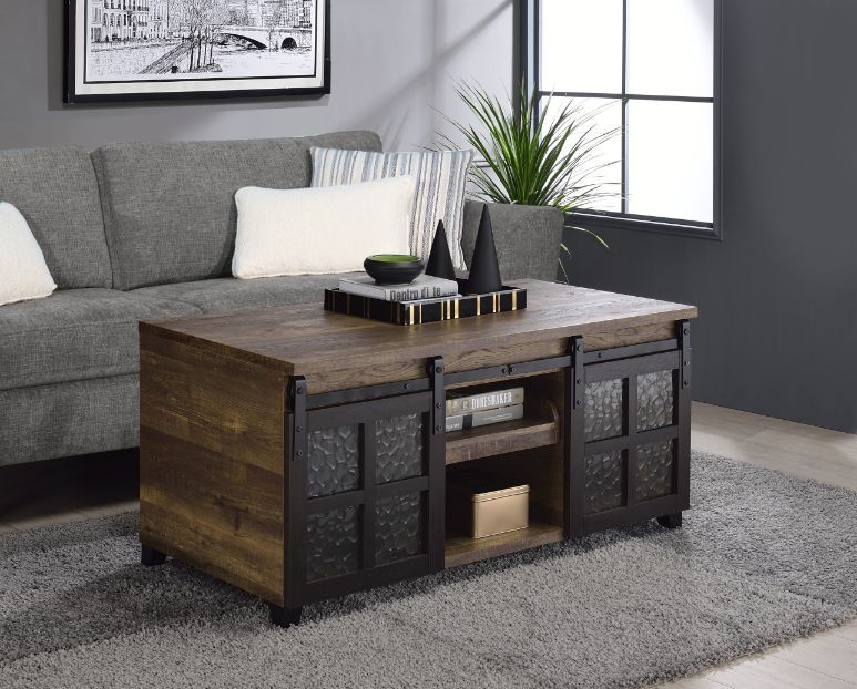 Nineel - Coffee Table - Obscure Glass, Rustic Oak & Black