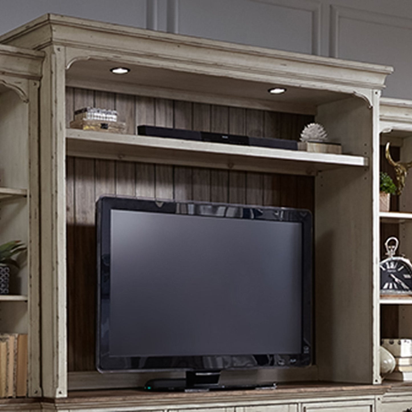 Morgan Creek - Entertainment Hutch - Antique White / Wirebrushed Tobacco Accents